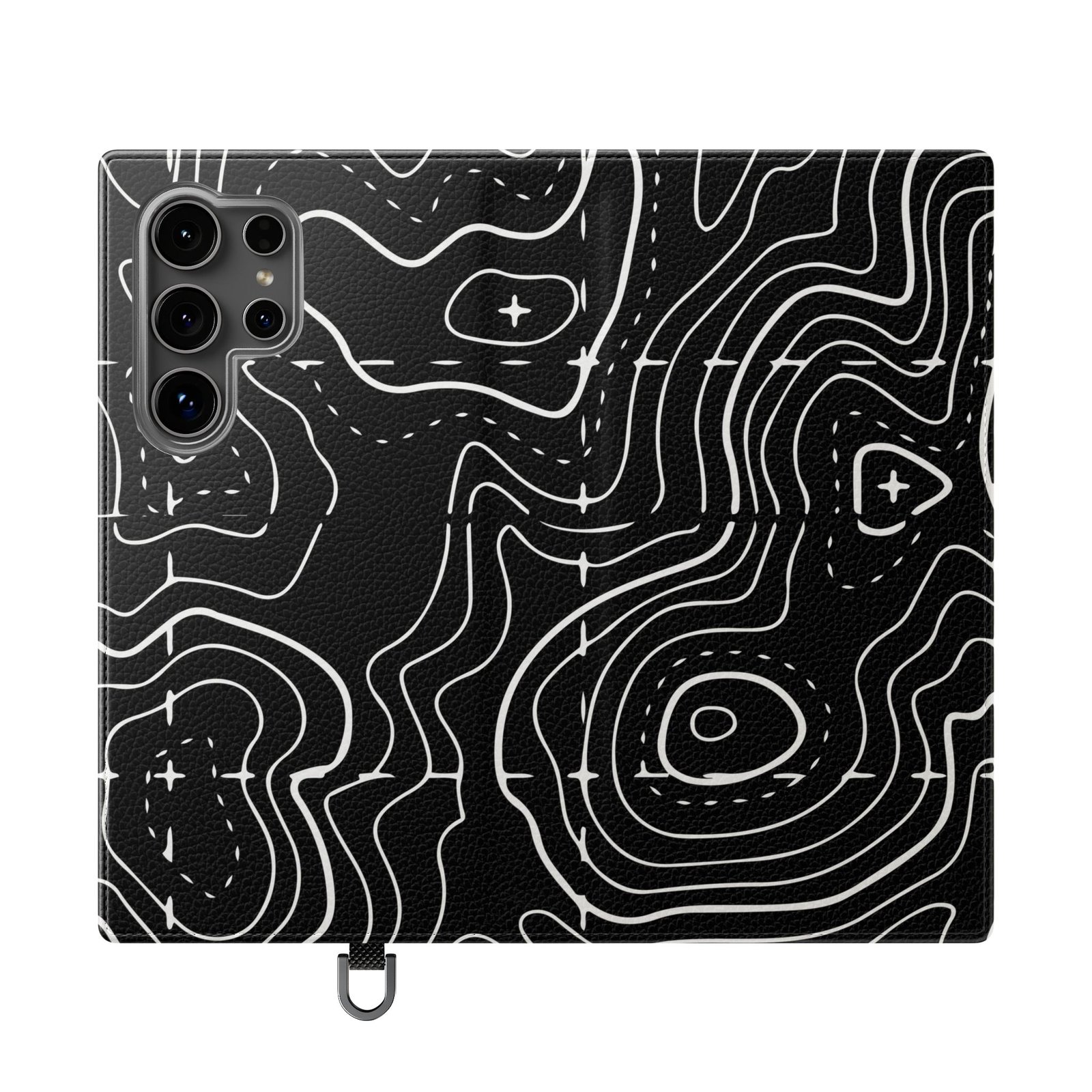 Topographic Pattern Flip Phone Case – Black Contour Wallet Cover with Card Slots - Image 23