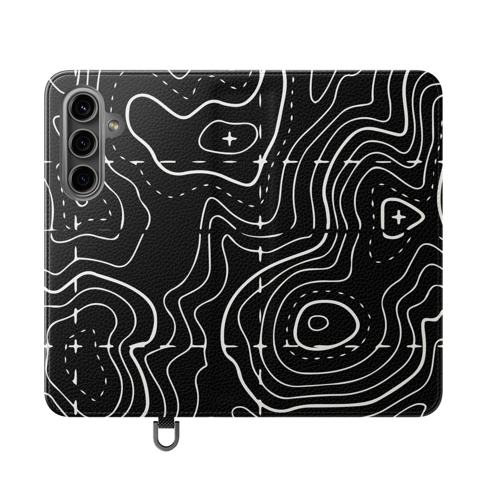Topographic Pattern Flip Phone Case – Black Contour Wallet Cover with Card Slots - Image 21