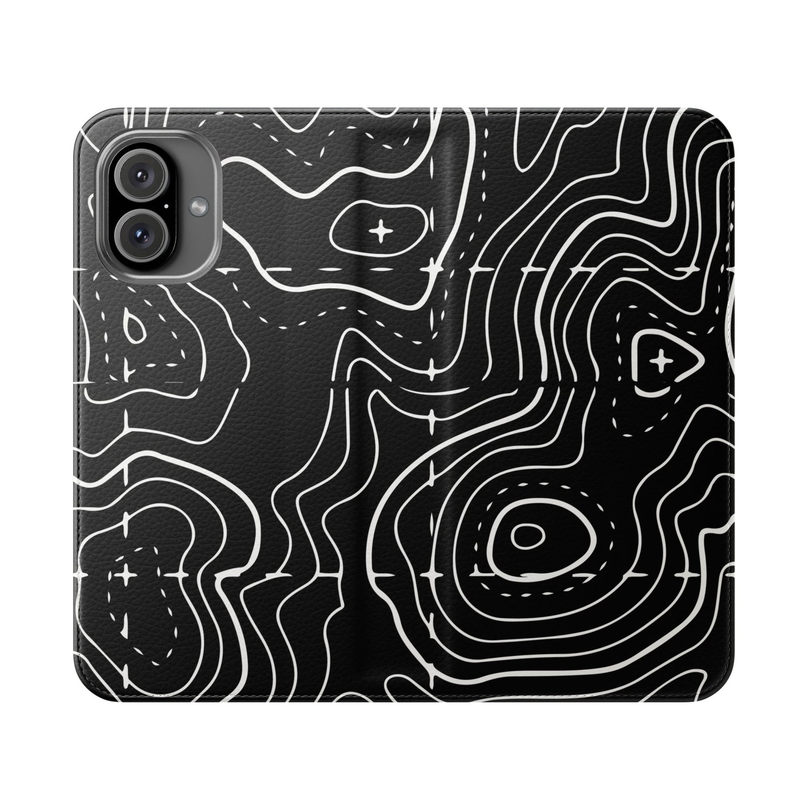 Topographic Pattern Flip Phone Case – Black Contour Wallet Cover with Card Slots - Image 11