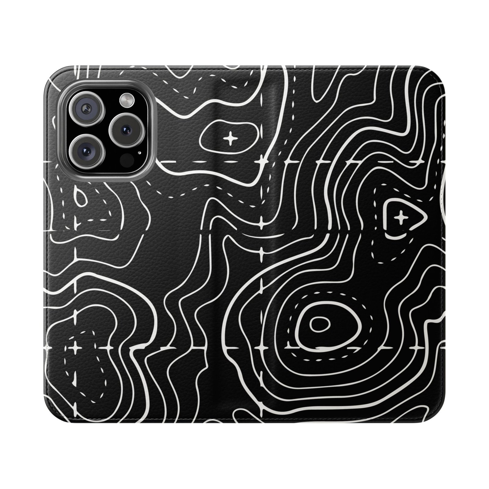 Topographic Pattern Flip Phone Case – Black Contour Wallet Cover with Card Slots - Image 10