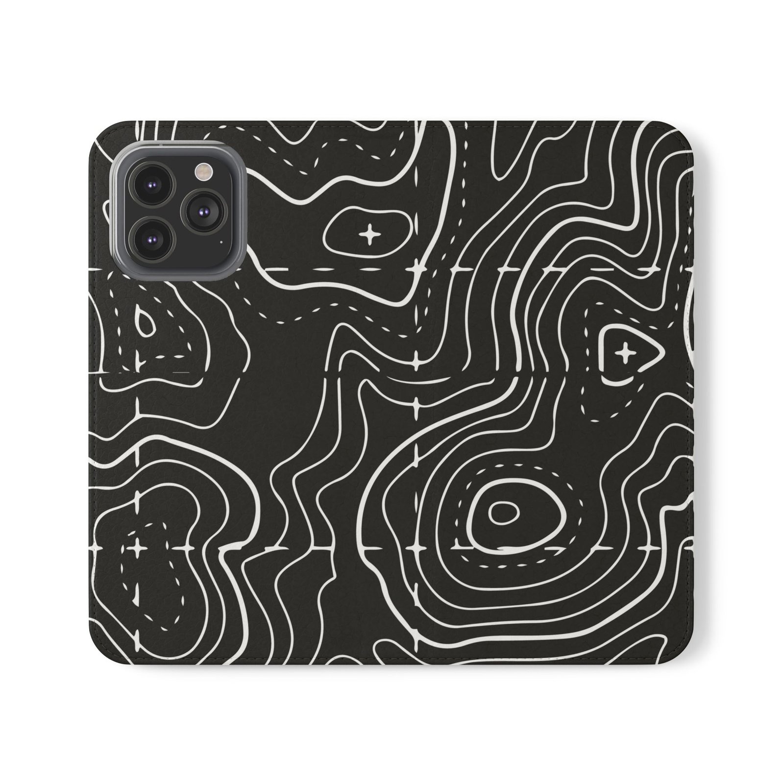 Topographic Pattern Flip Phone Case – Black Contour Wallet Cover with Card Slots - Image 8
