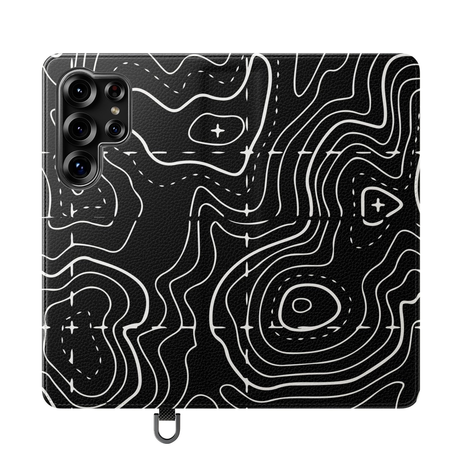 Topographic Pattern Flip Phone Case – Black Contour Wallet Cover with Card Slots - Image 26