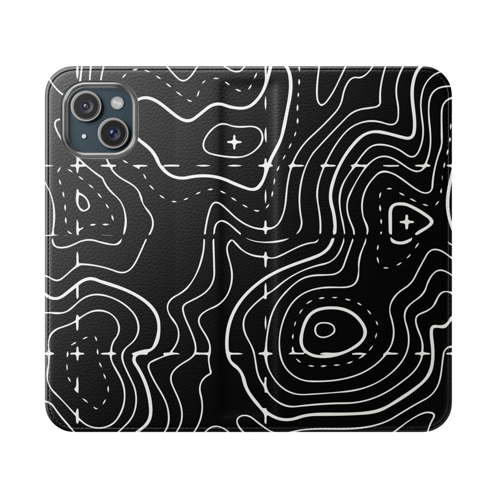 Topographic Pattern Flip Phone Case – Black Contour Wallet Cover with Card Slots - Image 15