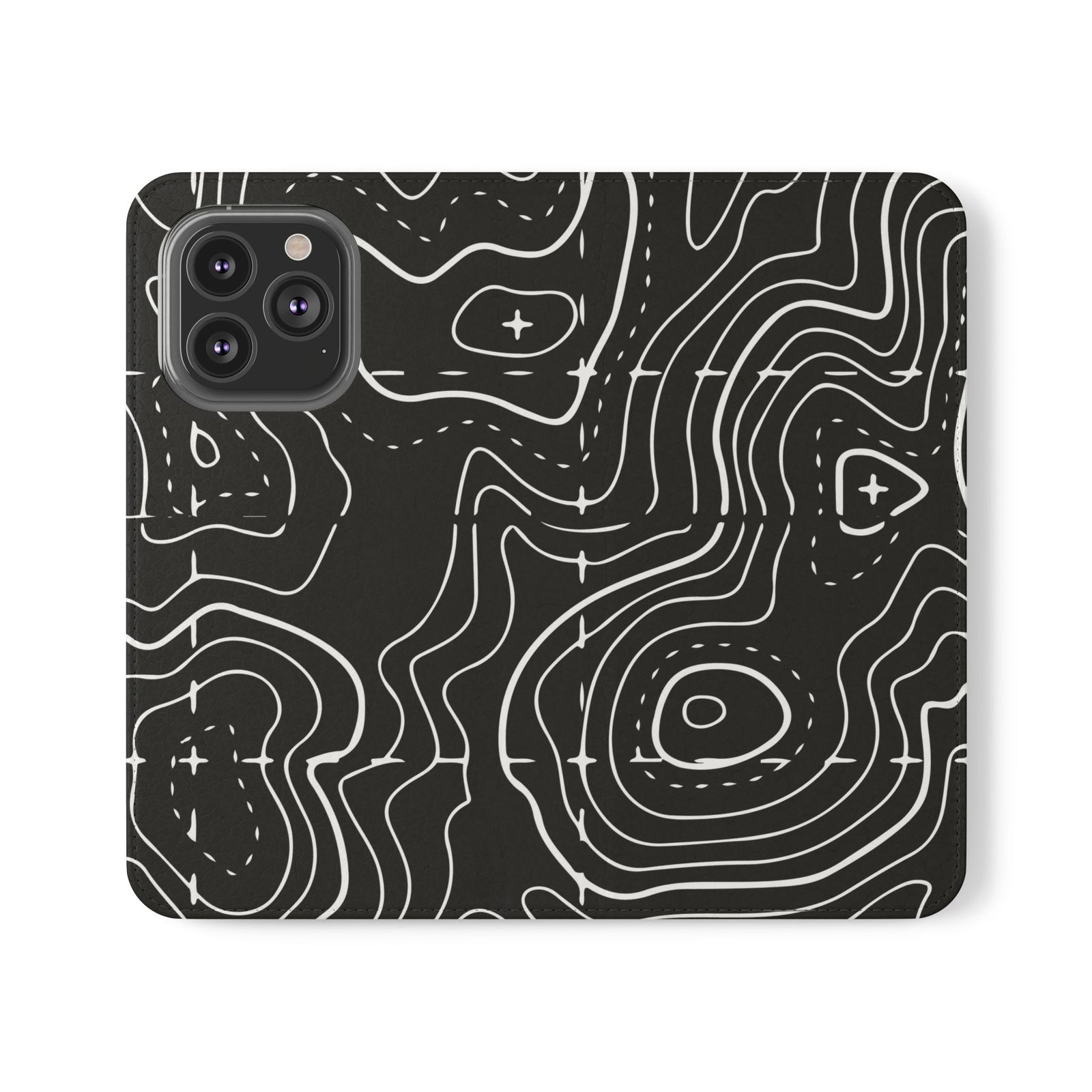 Topographic Pattern Flip Phone Case – Black Contour Wallet Cover with Card Slots - Image 7