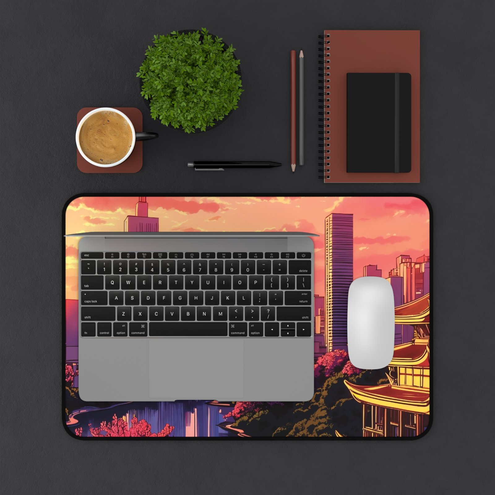 Sunset Cityscape Desk Mat — Neon Skyline with Pagoda Gamer Mouse Pad - Image 7