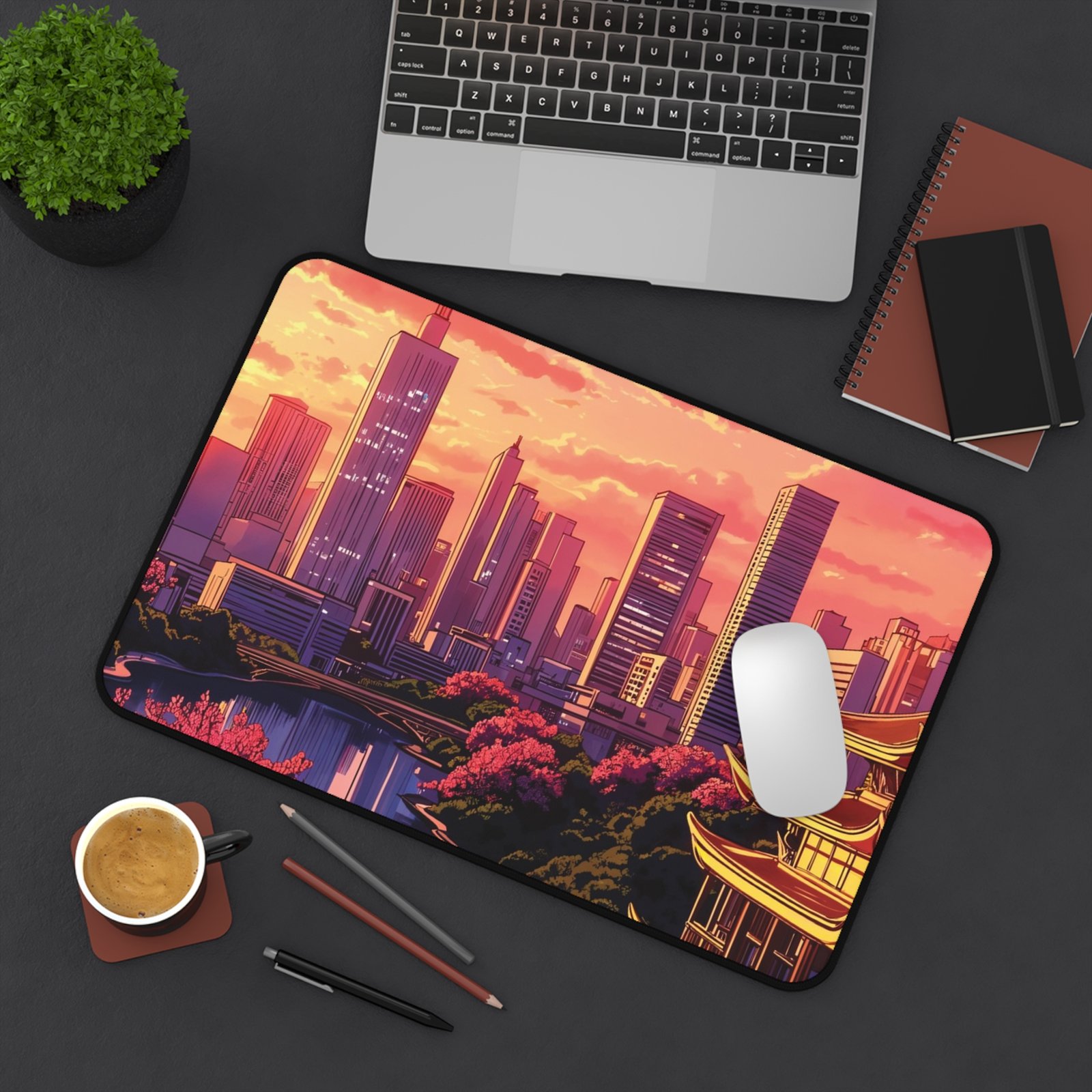 Sunset Cityscape Desk Mat — Neon Skyline with Pagoda Gamer Mouse Pad - Image 8