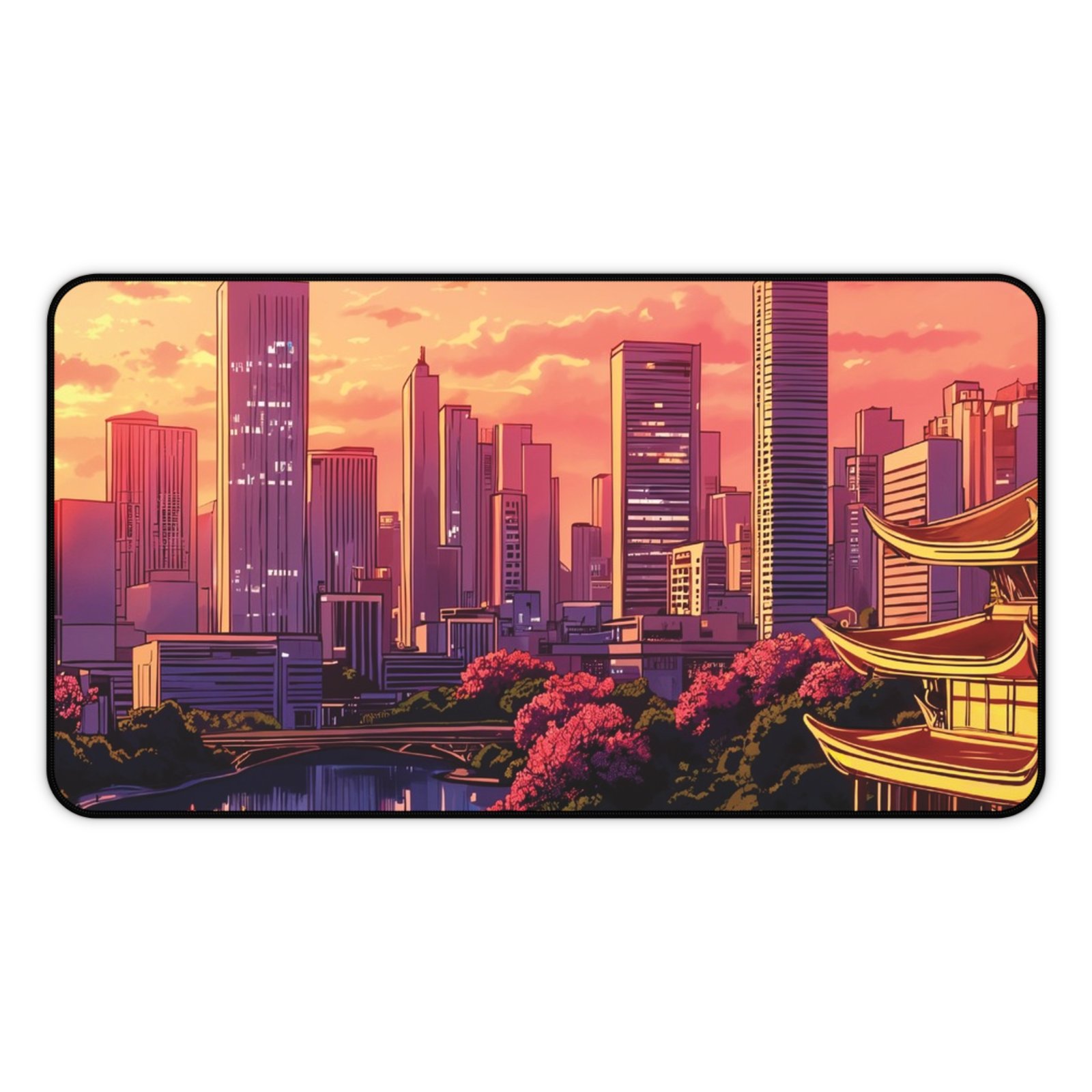 Sunset Cityscape Desk Mat — Neon Skyline with Pagoda Gamer Mouse Pad - Image 9