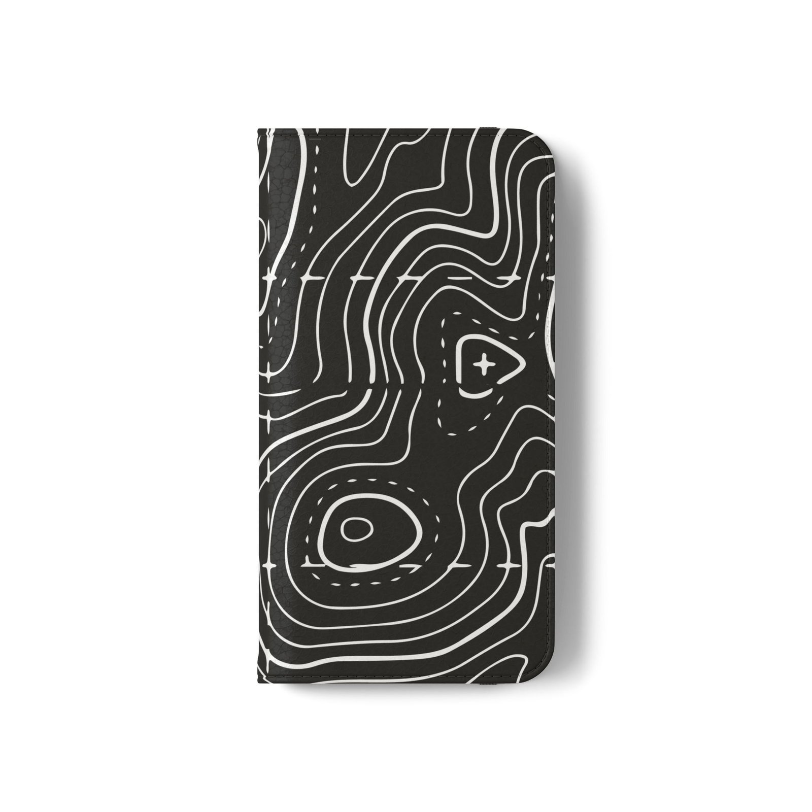 Topographic Pattern Flip Phone Case – Black Contour Wallet Cover with Card Slots - Image 3