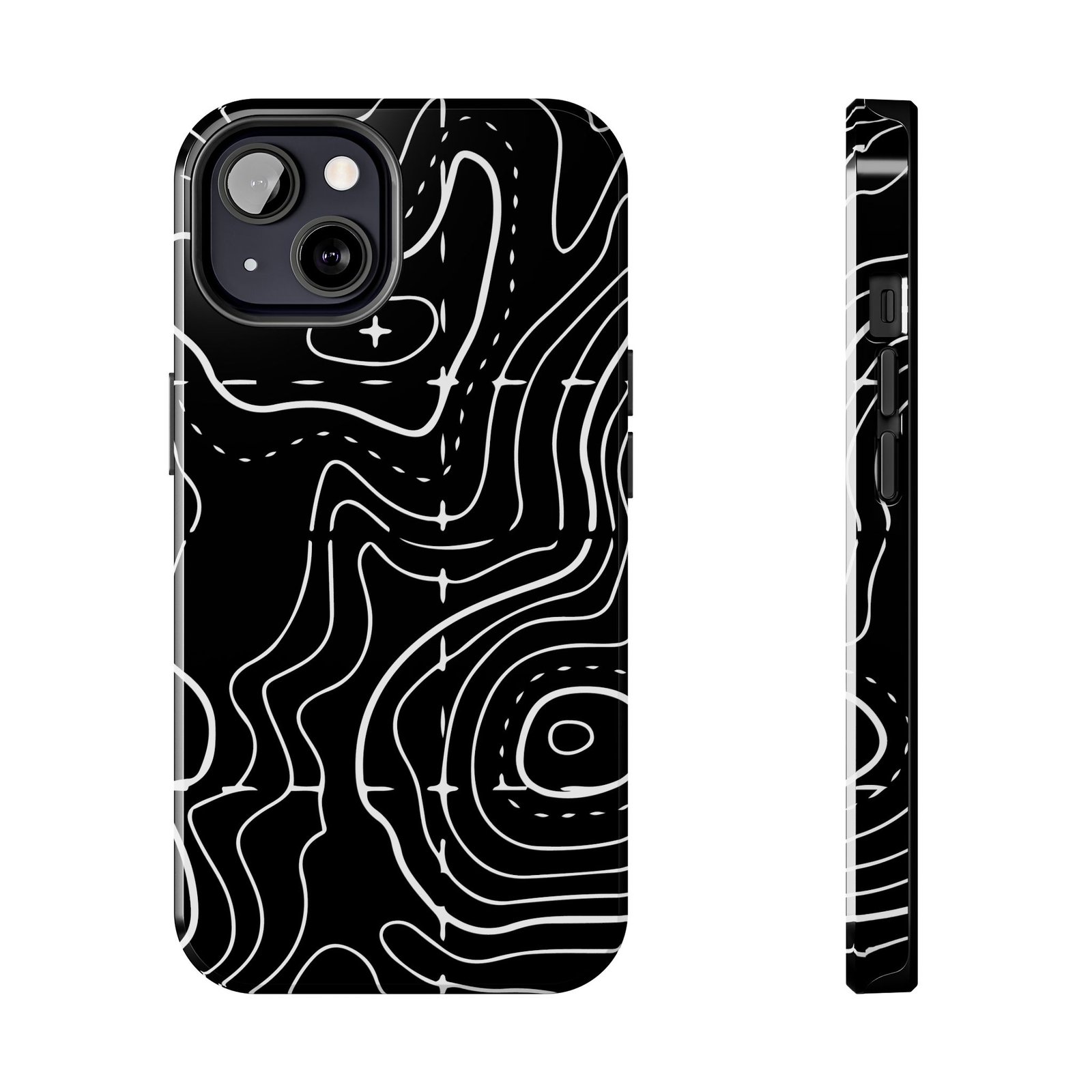 Topographic Lines Tough Phone Case — Black Contour Map Protective Cover