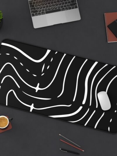 Abstract Black & White Desk Mat — Minimal Wavy Line Mouse Pad