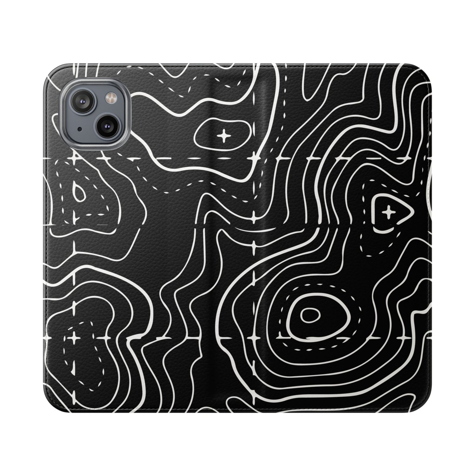 Topographic Pattern Flip Phone Case – Black Contour Wallet Cover with Card Slots - Image 19