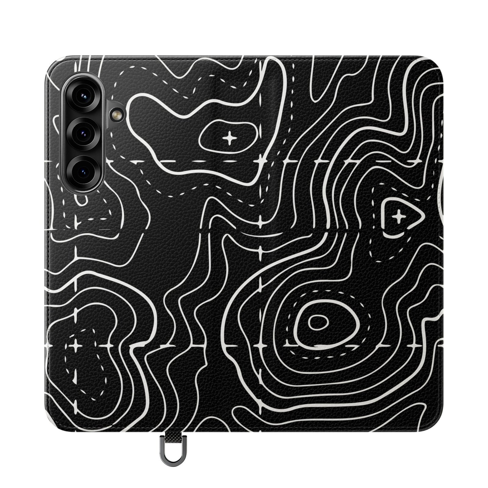 Topographic Pattern Flip Phone Case – Black Contour Wallet Cover with Card Slots - Image 25
