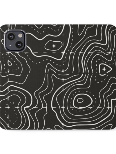 Topographic Pattern Flip Phone Case – Black Contour Wallet Cover with Card Slots