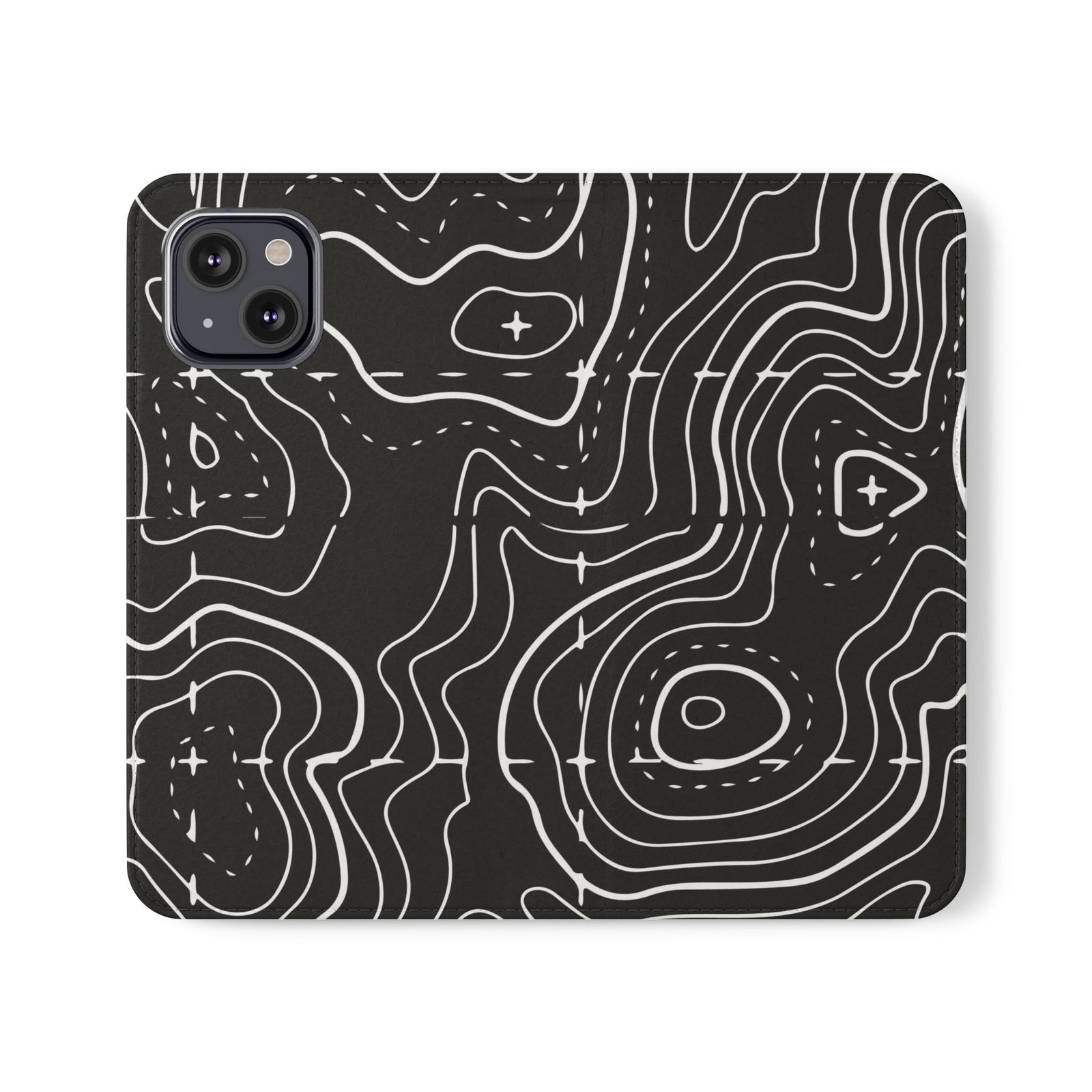 Topographic Pattern Flip Phone Case – Black Contour Wallet Cover with Card Slots