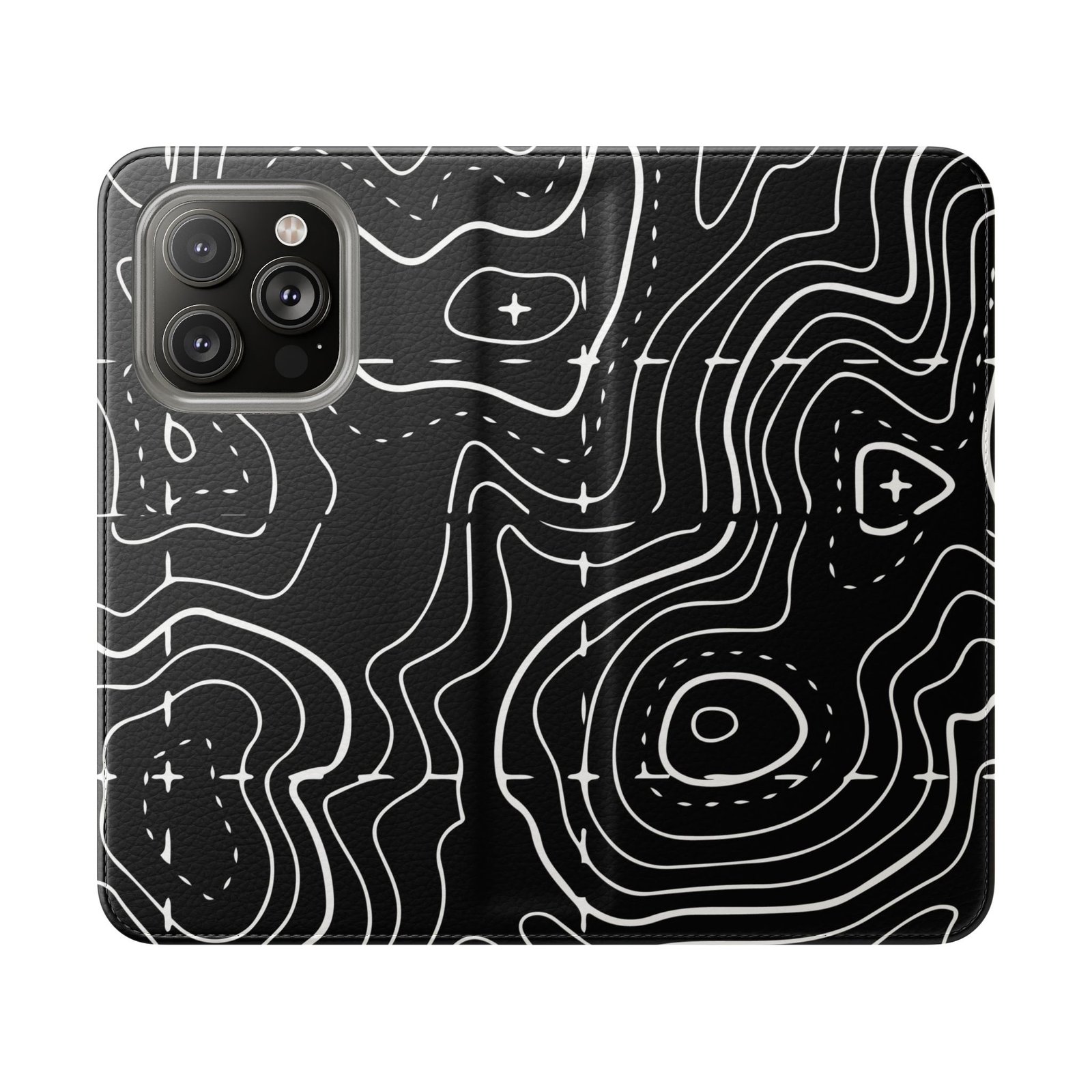Topographic Pattern Flip Phone Case – Black Contour Wallet Cover with Card Slots - Image 18