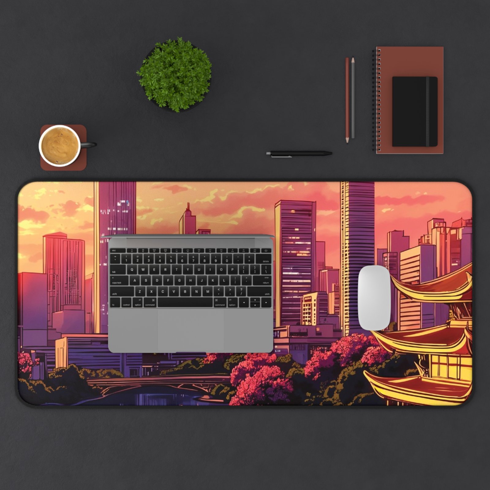 Sunset Cityscape Desk Mat — Neon Skyline with Pagoda Gamer Mouse Pad - Image 3