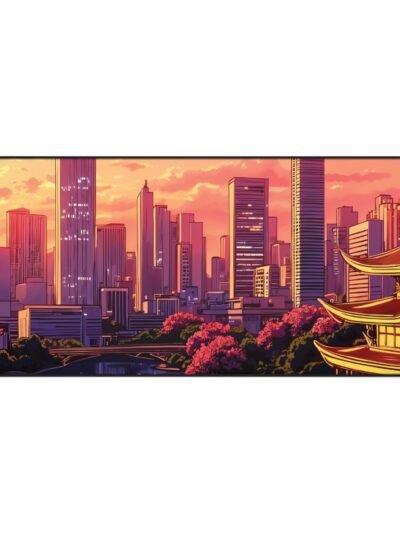 Sunset Cityscape Desk Mat — Neon Skyline with Pagoda Gamer Mouse Pad