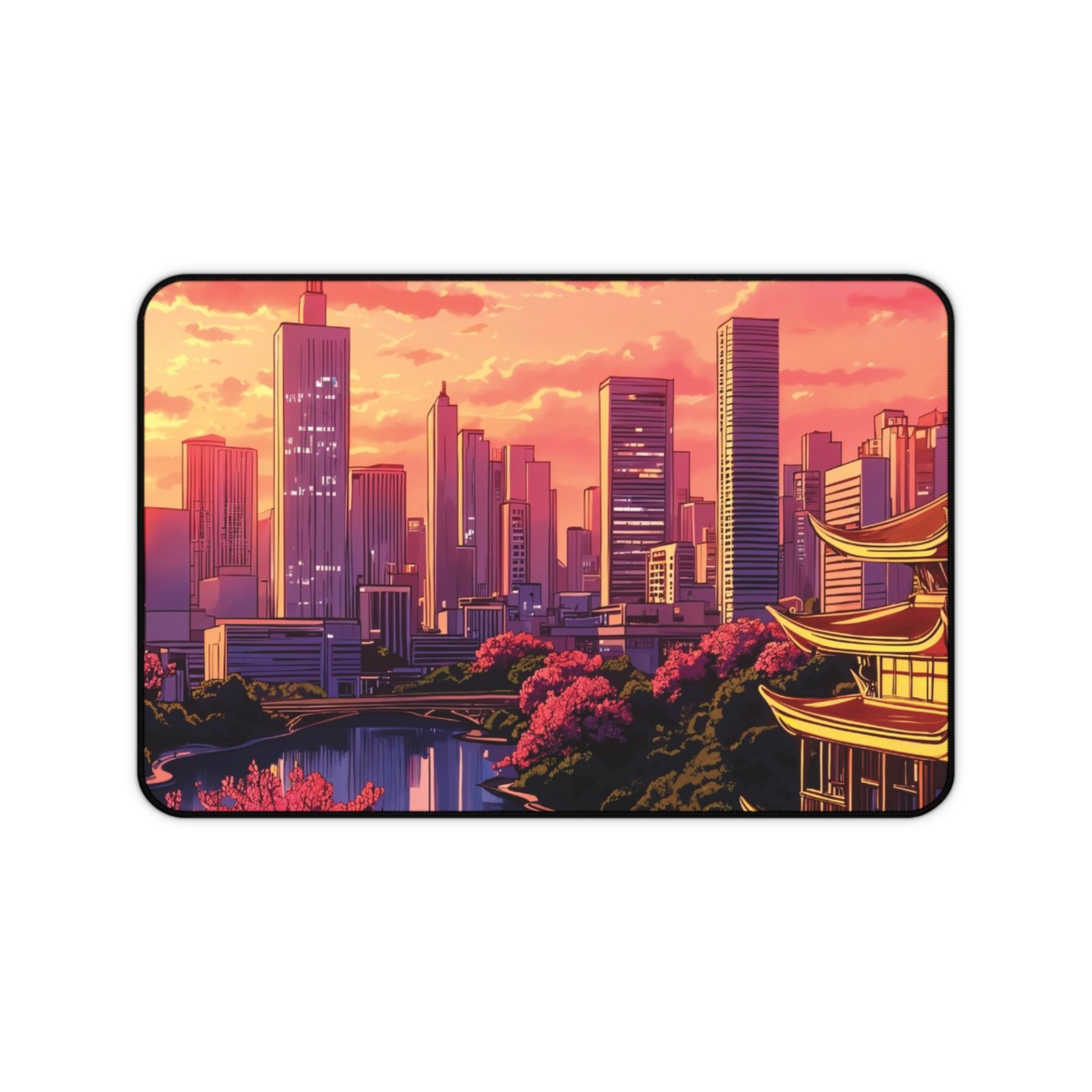 Sunset Cityscape Desk Mat — Neon Skyline with Pagoda Gamer Mouse Pad - Image 5