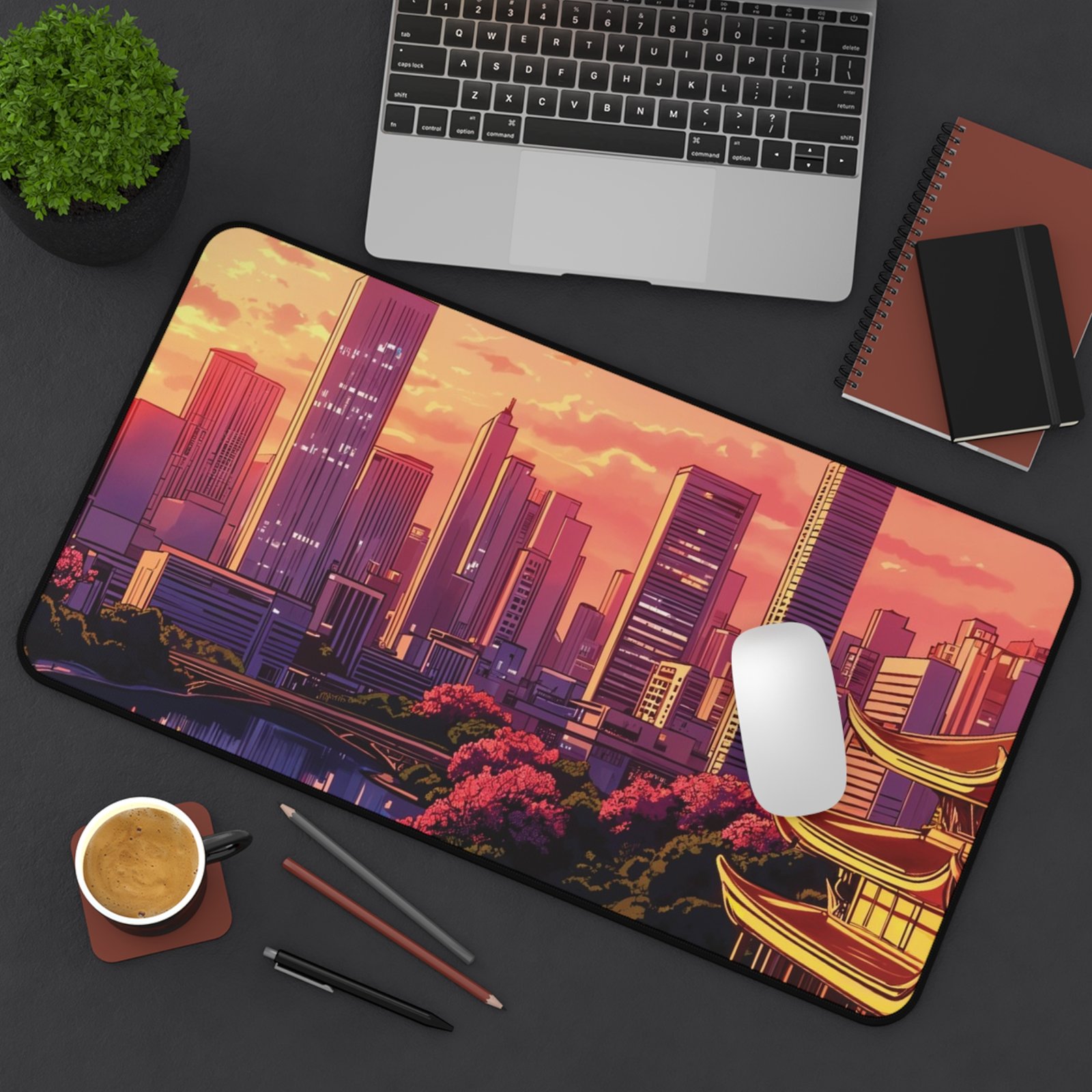 Sunset Cityscape Desk Mat — Neon Skyline with Pagoda Gamer Mouse Pad - Image 12