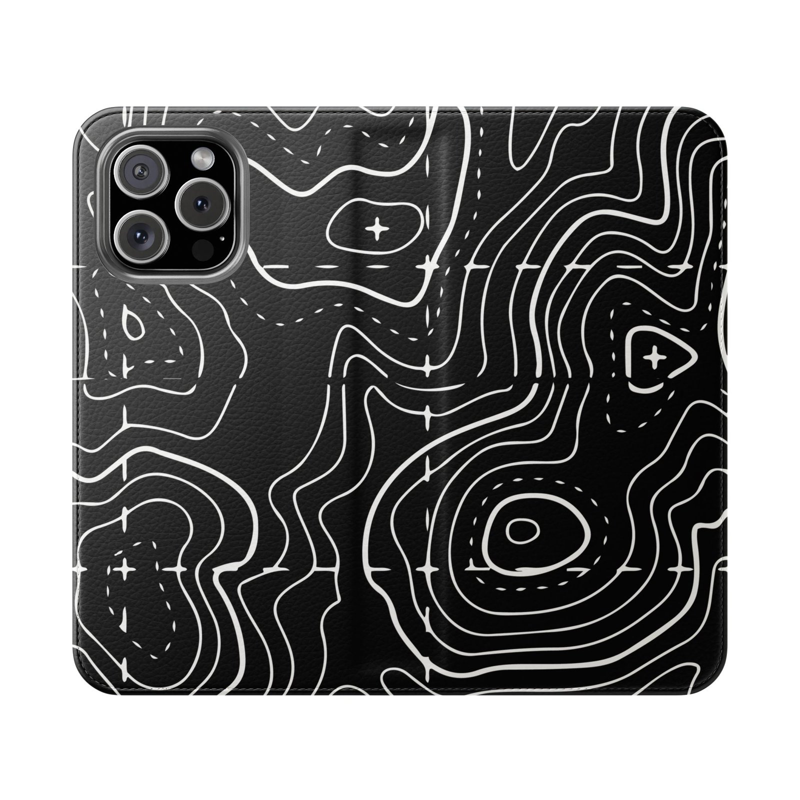 Topographic Pattern Flip Phone Case – Black Contour Wallet Cover with Card Slots - Image 12