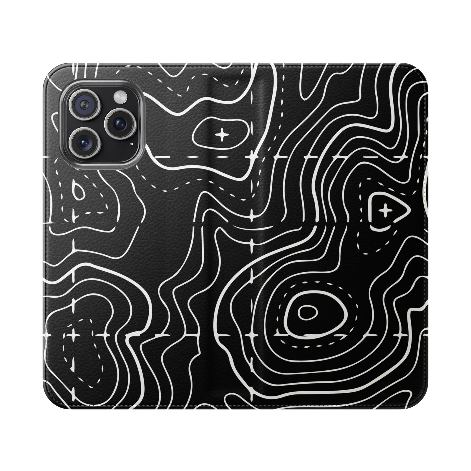 Topographic Pattern Flip Phone Case – Black Contour Wallet Cover with Card Slots - Image 16