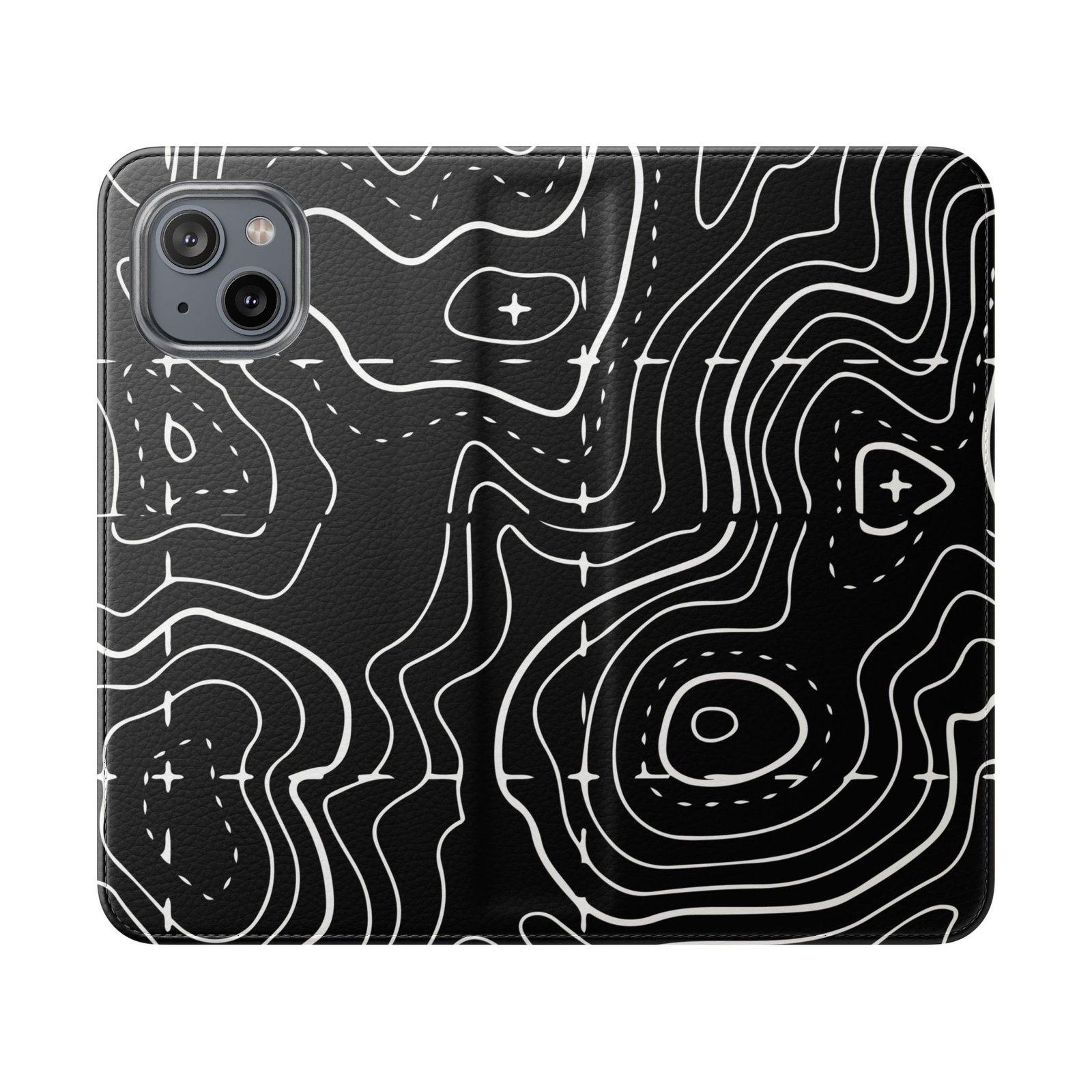 Topographic Pattern Flip Phone Case – Black Contour Wallet Cover with Card Slots - Image 17