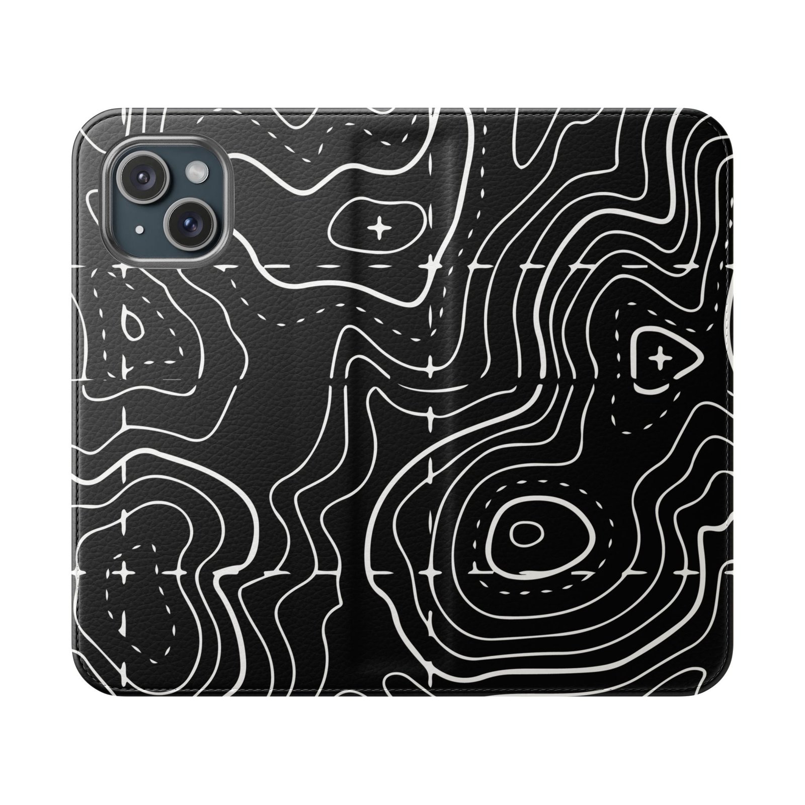 Topographic Pattern Flip Phone Case – Black Contour Wallet Cover with Card Slots - Image 13