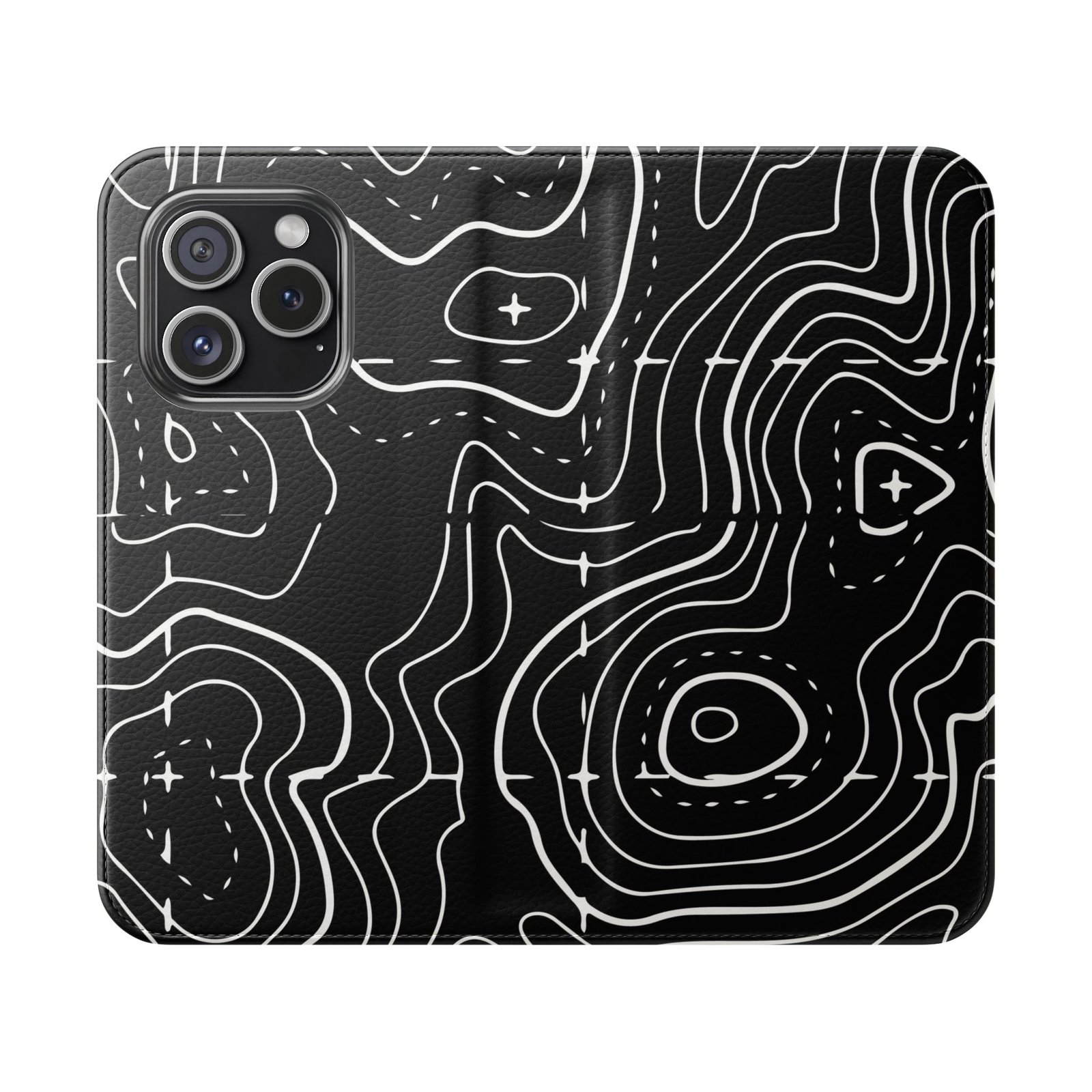 Topographic Pattern Flip Phone Case – Black Contour Wallet Cover with Card Slots - Image 14