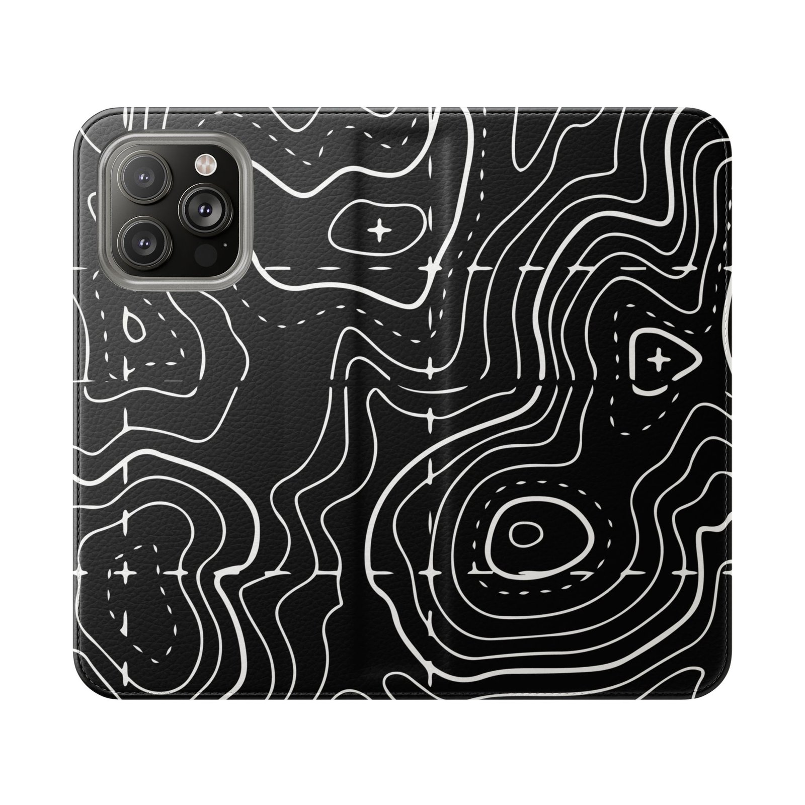 Topographic Pattern Flip Phone Case – Black Contour Wallet Cover with Card Slots - Image 20