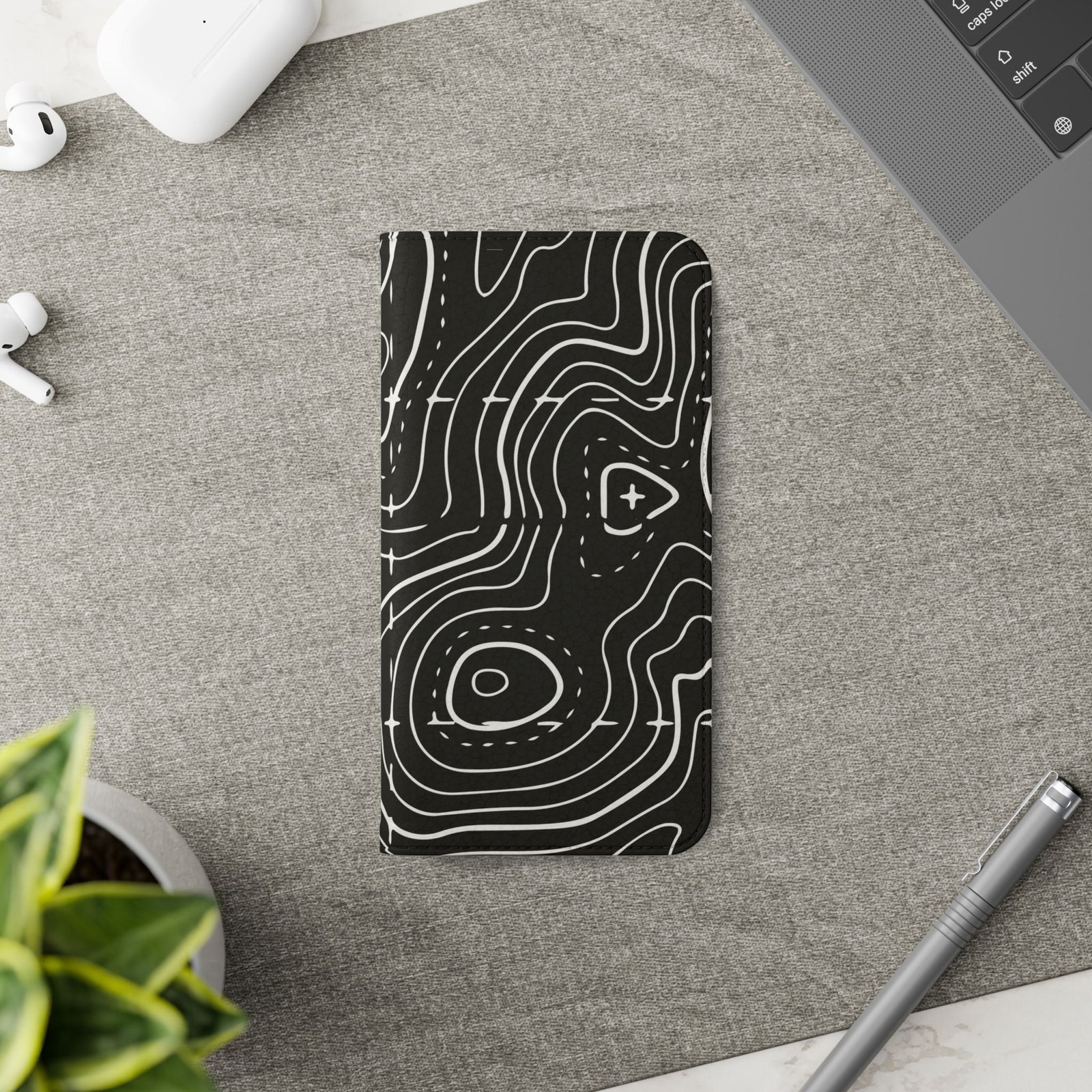 Topographic Pattern Flip Phone Case – Black Contour Wallet Cover with Card Slots - Image 5