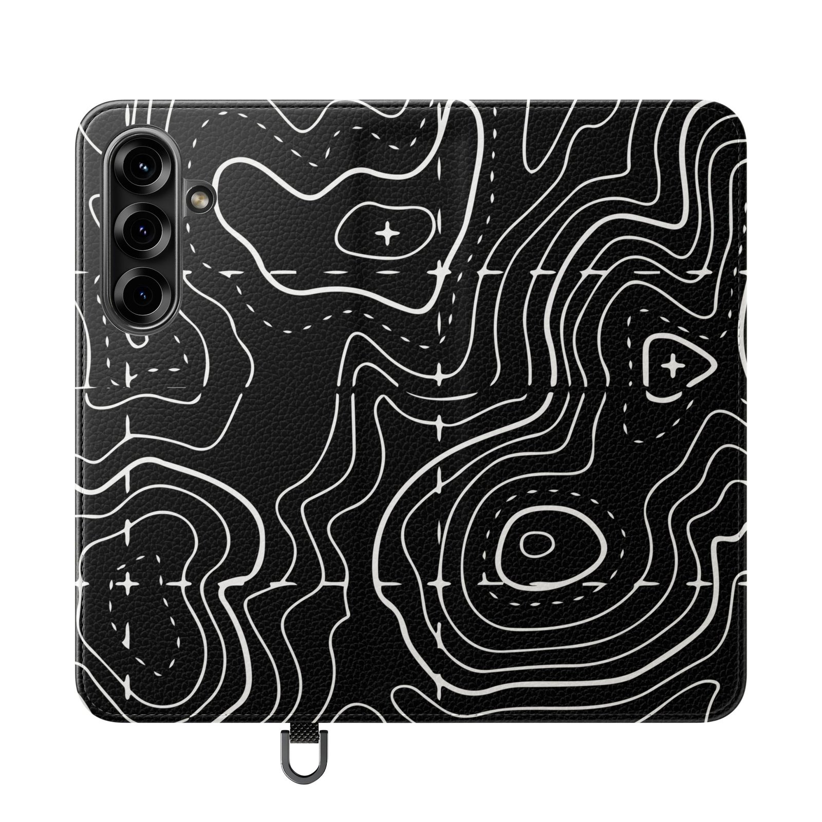 Topographic Pattern Flip Phone Case – Black Contour Wallet Cover with Card Slots - Image 24