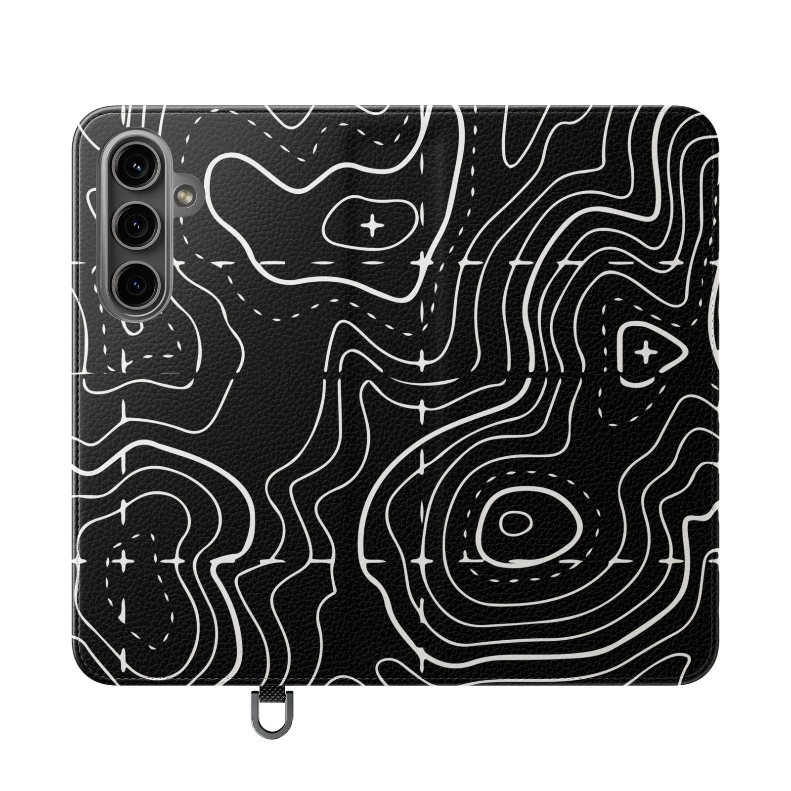 Topographic Pattern Flip Phone Case – Black Contour Wallet Cover with Card Slots - Image 22