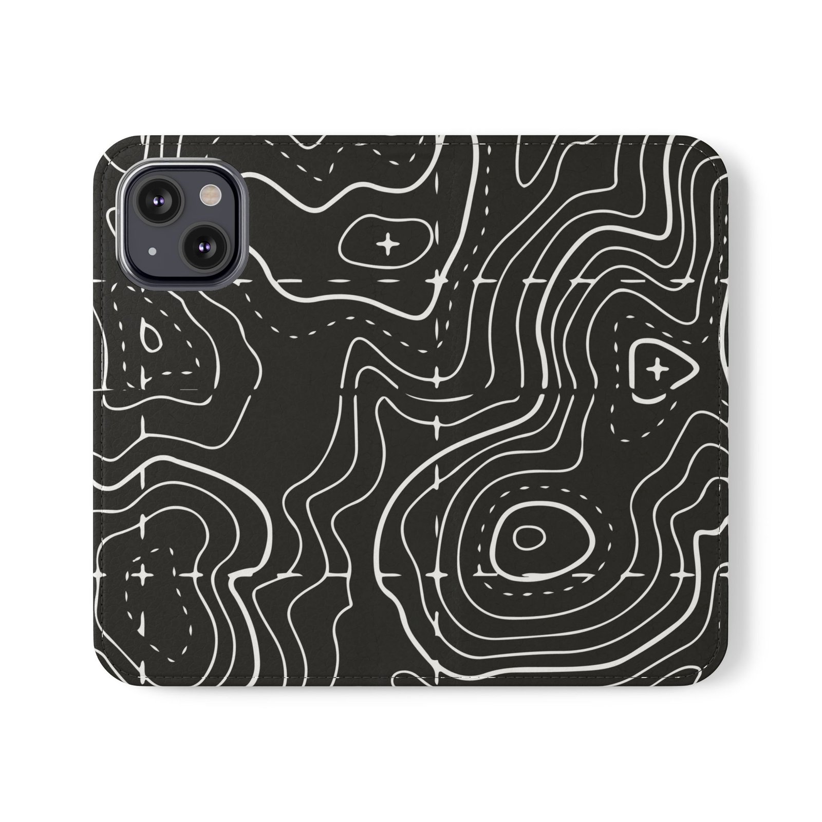 Topographic Pattern Flip Phone Case – Black Contour Wallet Cover with Card Slots - Image 6