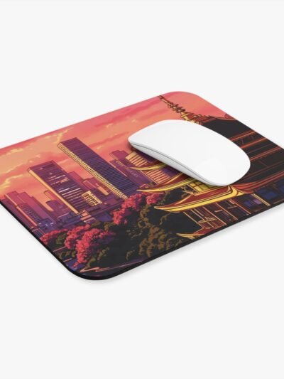 Sunset Cityscape Mouse Pad — Asian Pagoda Skyline Desk Mat