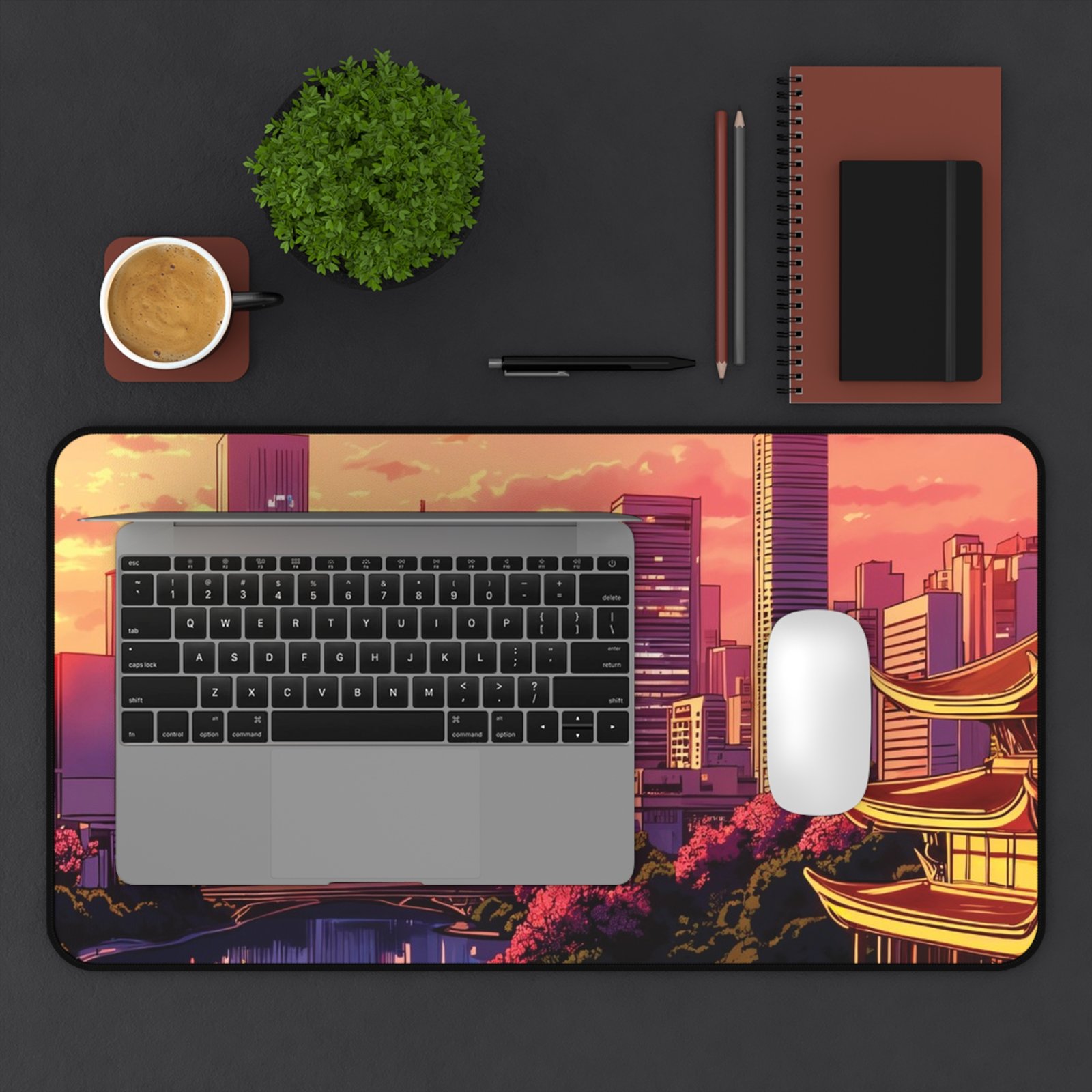 Sunset Cityscape Desk Mat — Neon Skyline with Pagoda Gamer Mouse Pad - Image 11