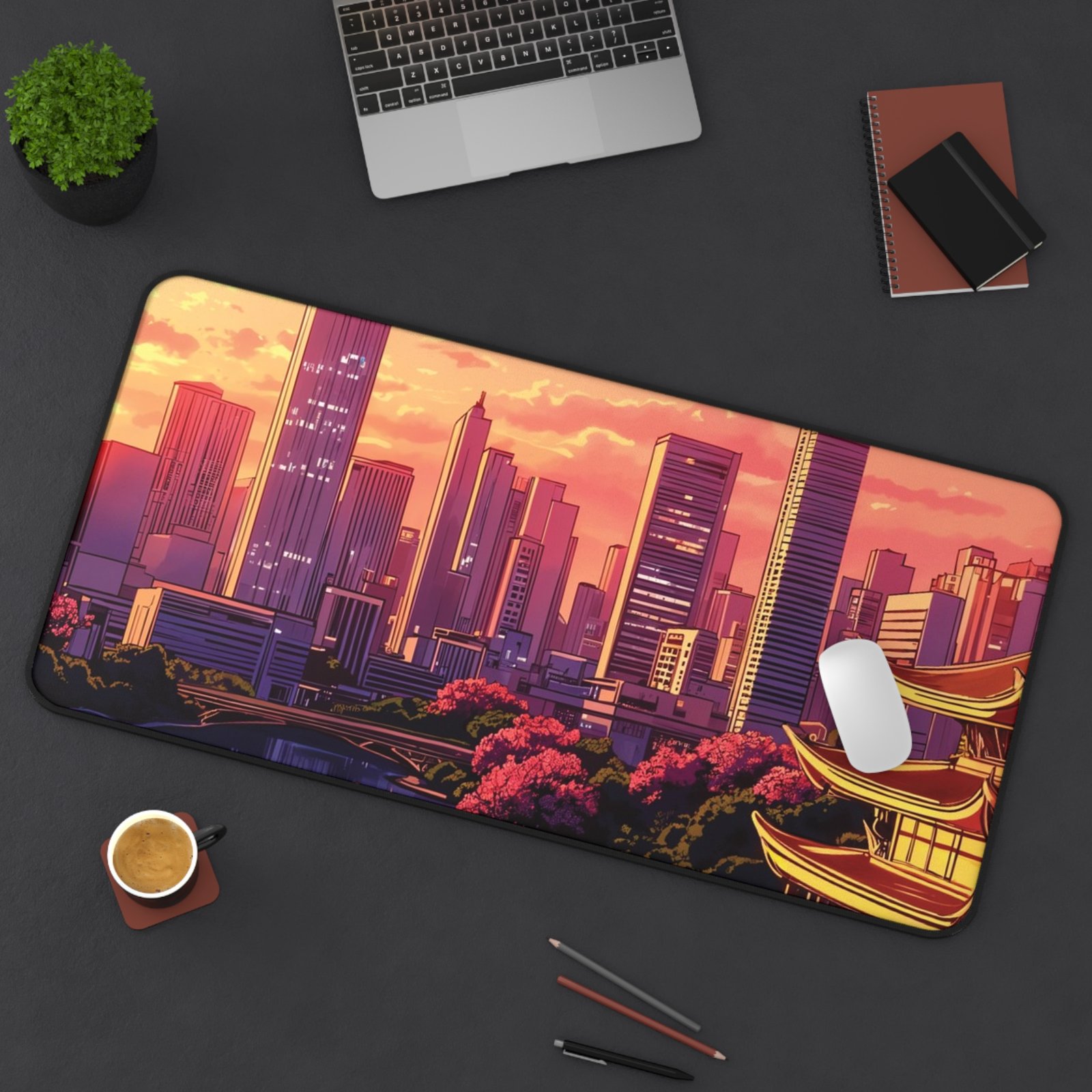 Sunset Cityscape Desk Mat — Neon Skyline with Pagoda Gamer Mouse Pad - Image 4