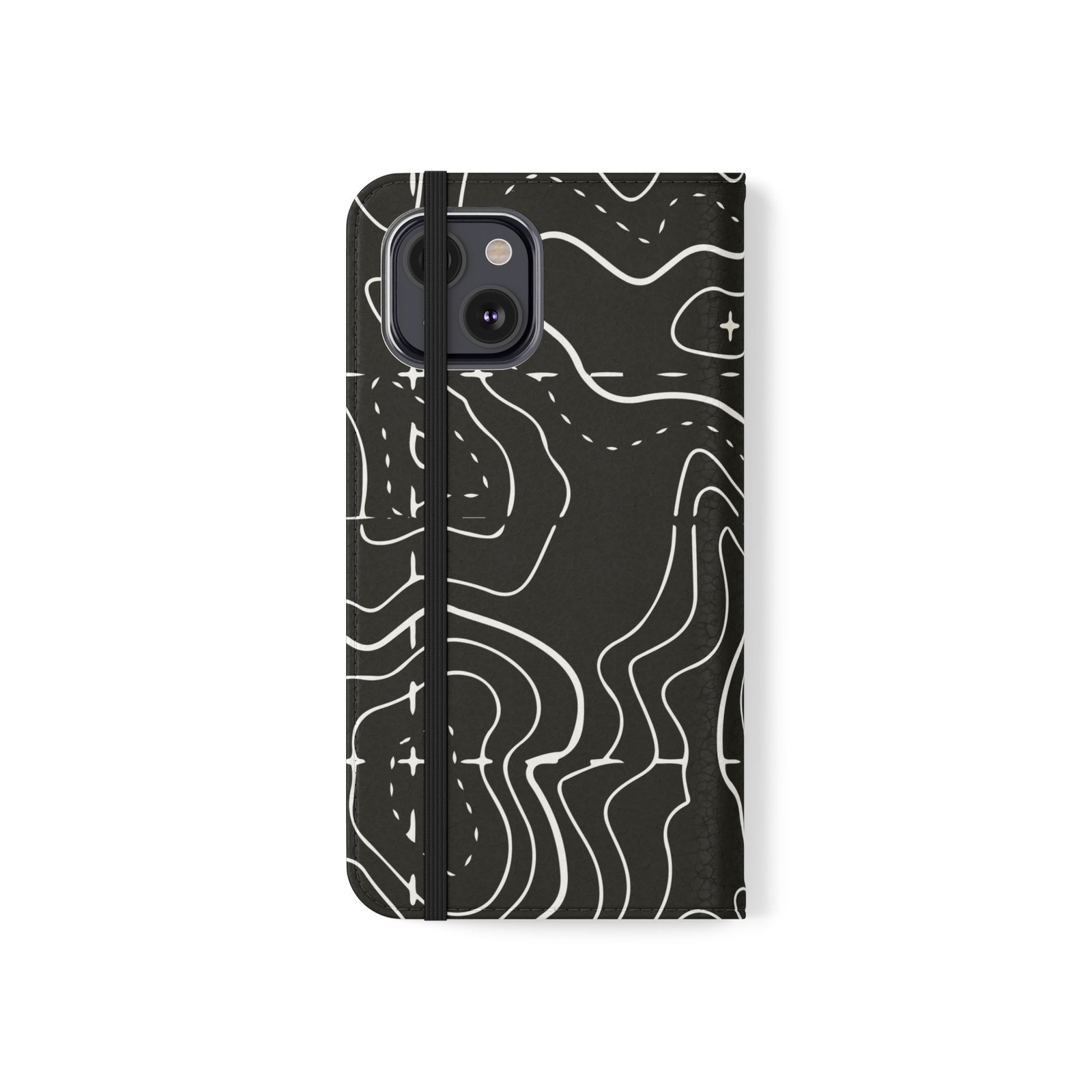 Topographic Pattern Flip Phone Case – Black Contour Wallet Cover with Card Slots - Image 4