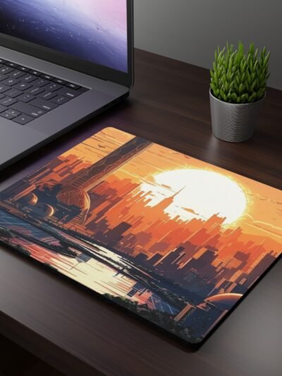Sunset Cityscape Mouse Pad — Futuristic Urban Skyline Desk Mat