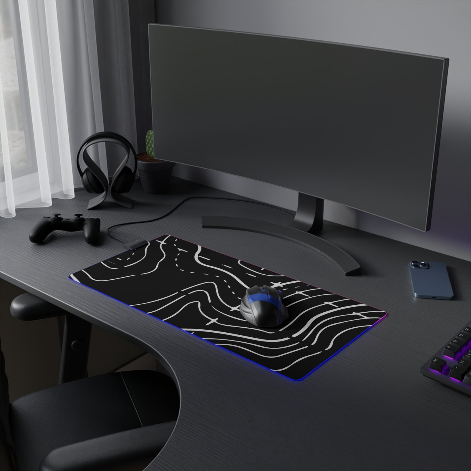 LED Gaming Mouse Pad — RGB XXL Desk Mat with Topographic Line Art - Image 6