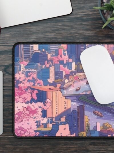 Pixel Cityscape Gaming Mouse Pad — Sakura River Neon Aesthetic