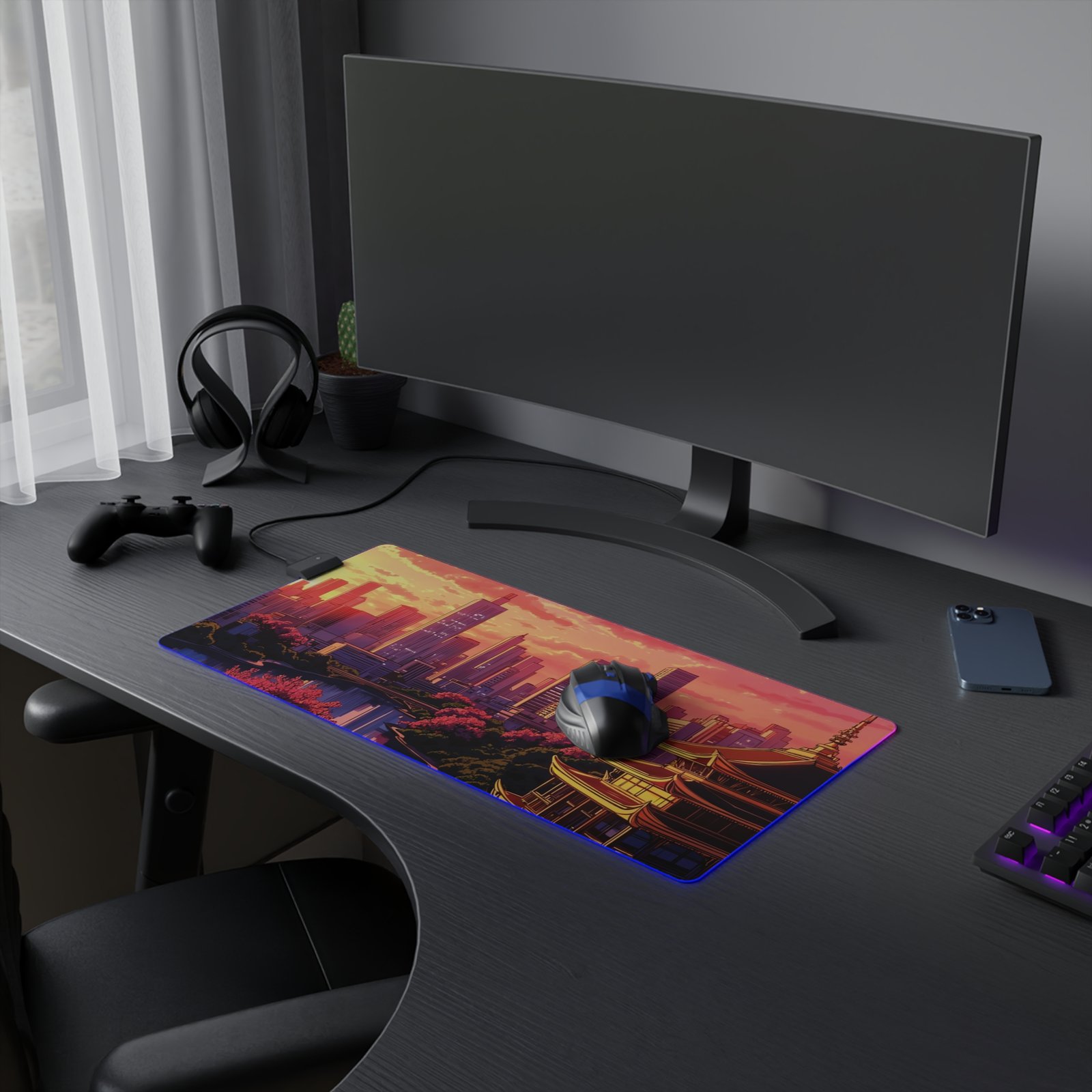 LED Gaming Mouse Pad — Neon City Sunset Desk Mat