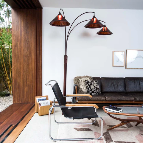 Espresso Wood Natural Mica 3-Light Arc Floor Lamp