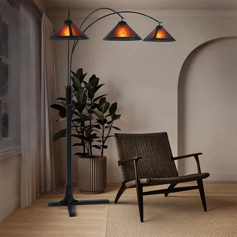 Espresso Wood Natural Mica 3-Light Arc Floor Lamp - Image 4