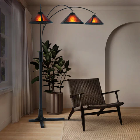 Espresso Wood Natural Mica 3-Light Arc Floor Lamp - Image 6