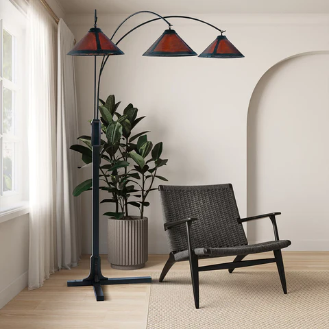 Espresso Wood Natural Mica 3-Light Arc Floor Lamp - Image 7