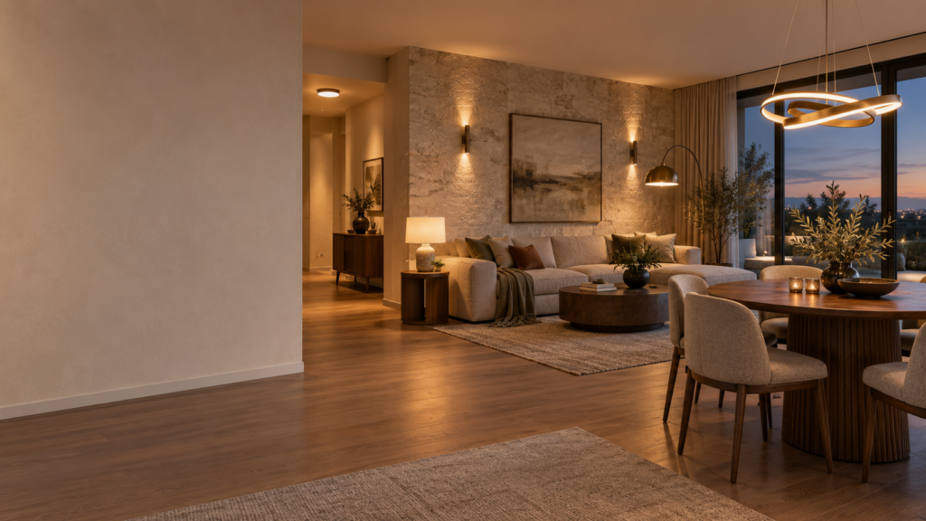 Modern open plan living and dining room featuring layered pendant, floor, table, wall, and flushmount lighting.