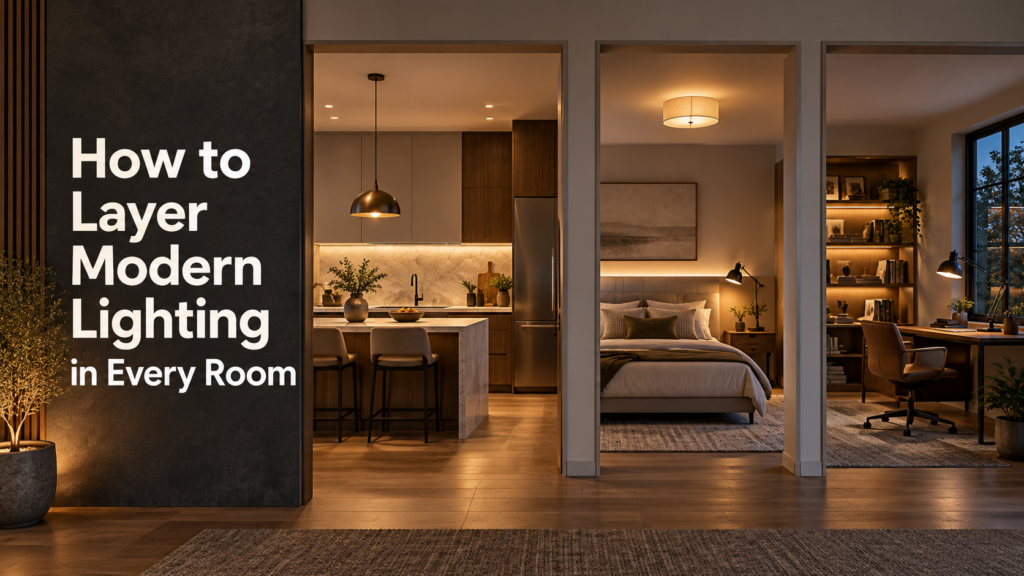 Modern kitchen, bedroom, and home office showing different layers of lighting.