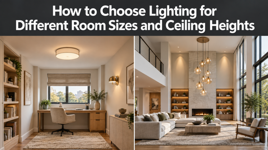Low-ceiling study with a flush light beside a high-ceiling living room with pendant lights.