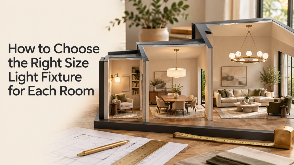 Scale model of three rooms with differently sized wall, pendant, and chandelier light fixtures.
