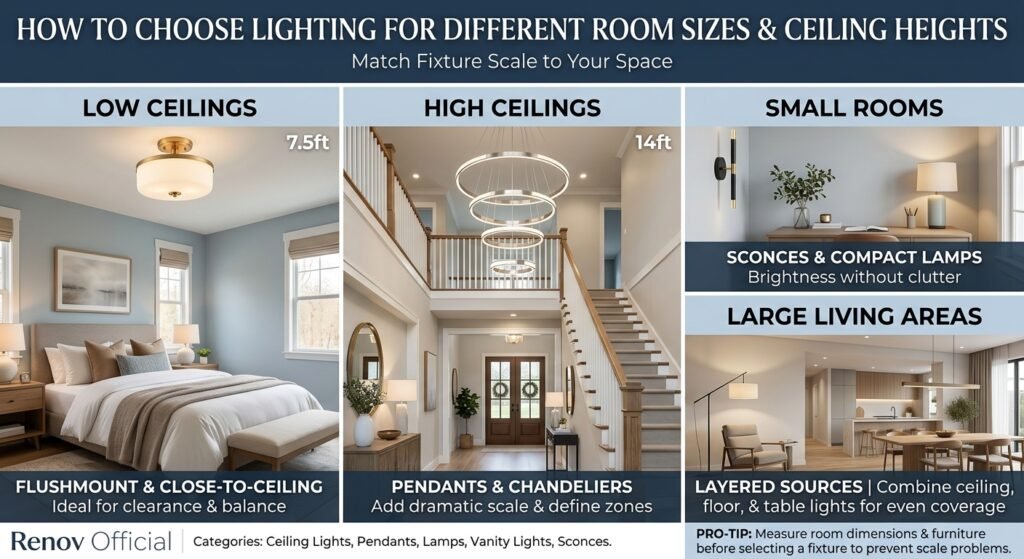 A four-panel interior design infographic titled "How to Choose Lighting for Different Room Sizes & Ceiling Heights," comparing lighting styles for "Low Ceilings" (bedroom), "High Ceilings" (entryway), "Small Rooms" (home office), and "Large Living Areas" (open-concept).